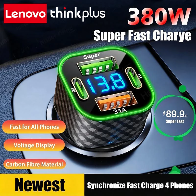 Lenovo ThinkPlus 380W Car Charger FM Transmitter Type C Dual PD 4-in-1 with Voltage Display Super Fast Charge Adapter For iPhone