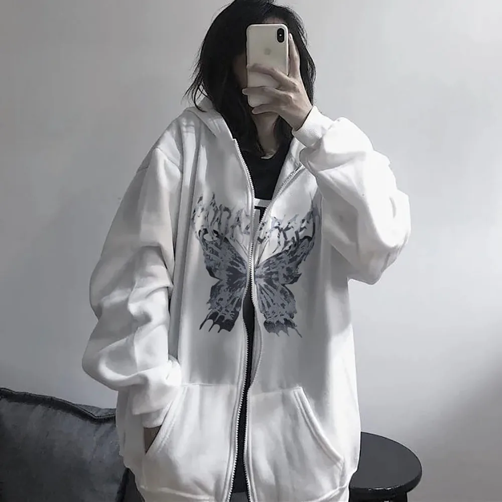 Gothic Butterfly Print Hoodies Zip Up Hip Hop Streetwear