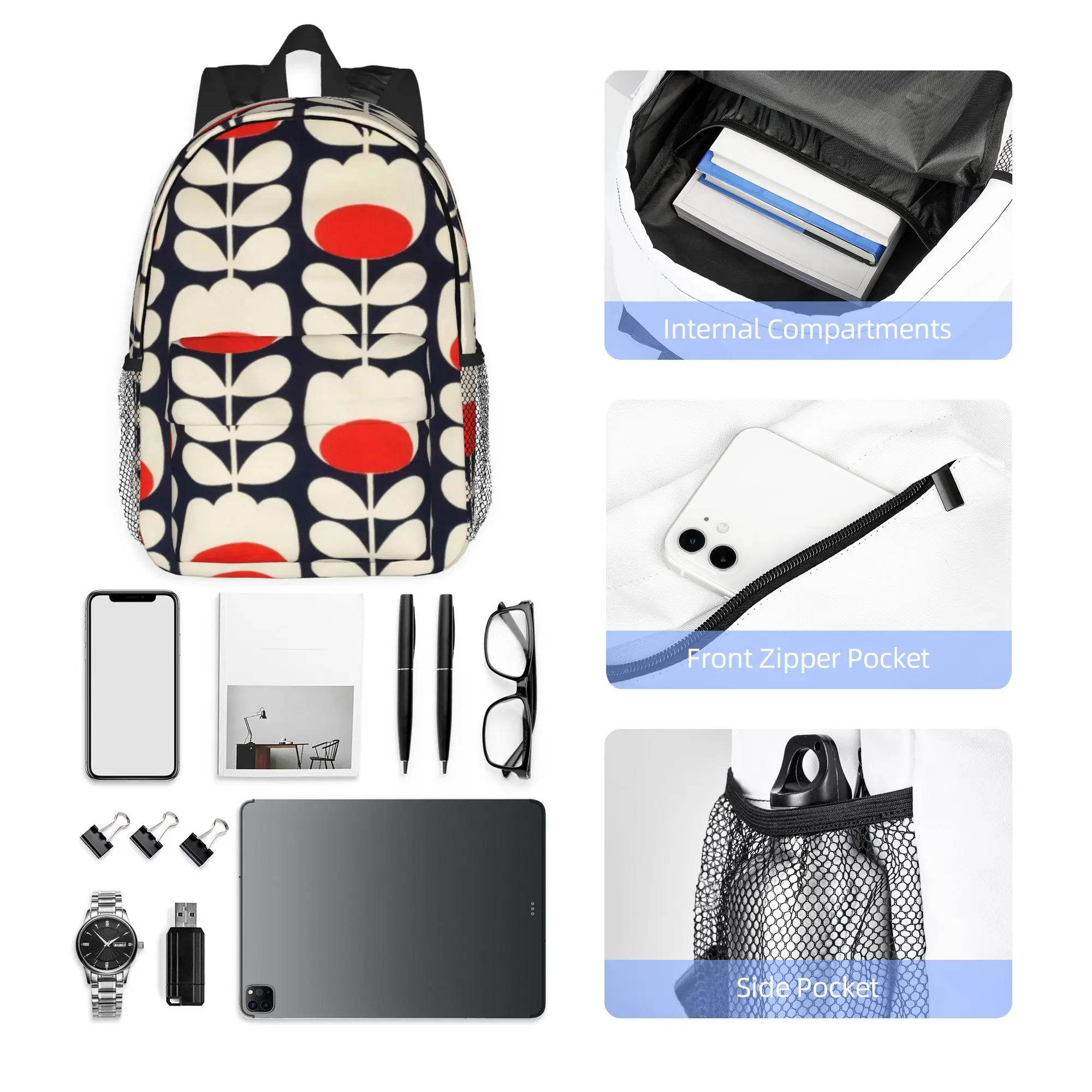 orla kiely multi stem flowers, red,white Backpack Hot Sale Daypack Boys Girls BookBag Shoulder Bags for Men Women School Bag