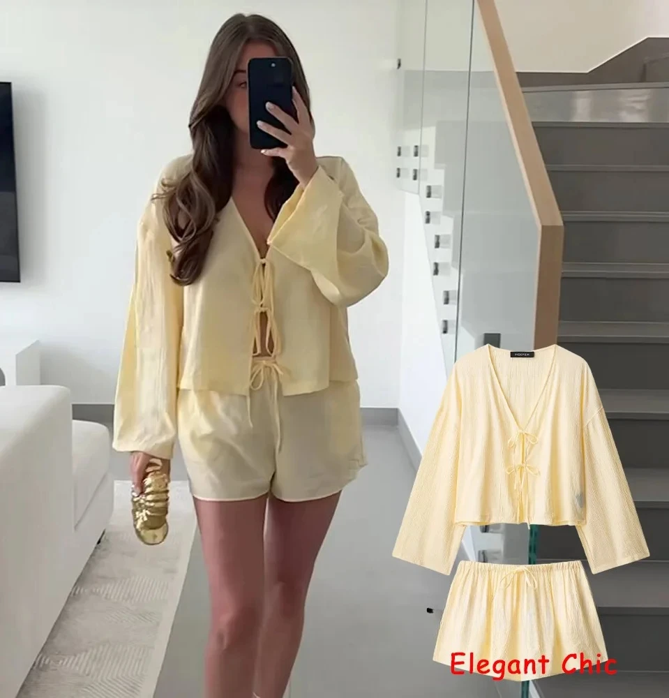 

KONDALA, летний повседневный комплект тонких шорт, женские светло-желтые рубашки на шнуровке или шорты, модная домашняя одежда для отдыха 2025, комплект Mujer