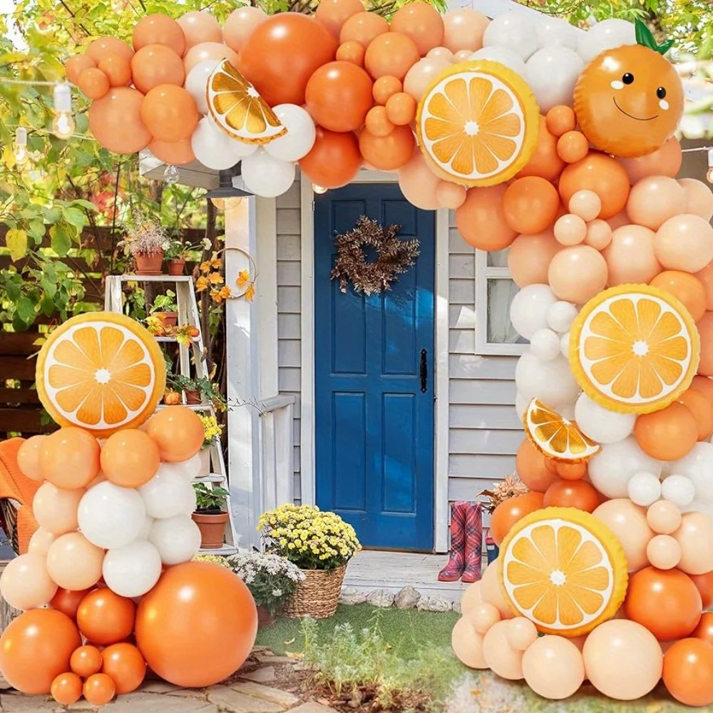 141pcs Orange Fruit Balloon Set, Suitable for Orange Cartoon Fruit Themed Birthday Party Decoration, Summer Party Decoration