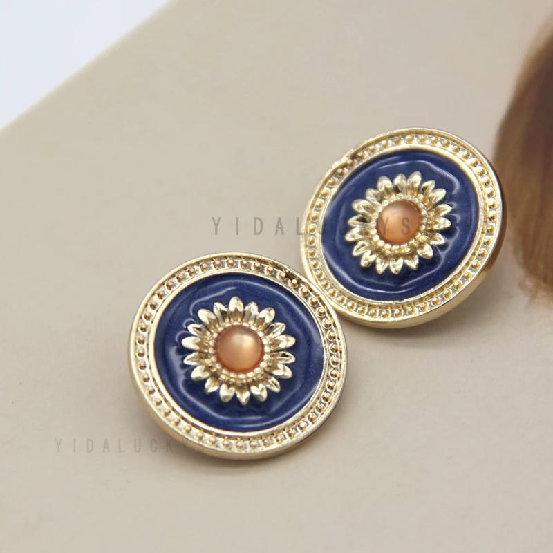 HENGC Round Blue Retro Vintage Gold Metal Buttons For Clothes Suit Blazer Uniform Handmade Decorations Sewing Buttons Wholesale