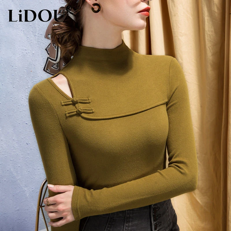 

Autumn Winter Stand Collar Hollow Out T-shirt Female Long Sleeve Slim All-match Bottomed Tee Top Women Sexy Fashion Pullovers