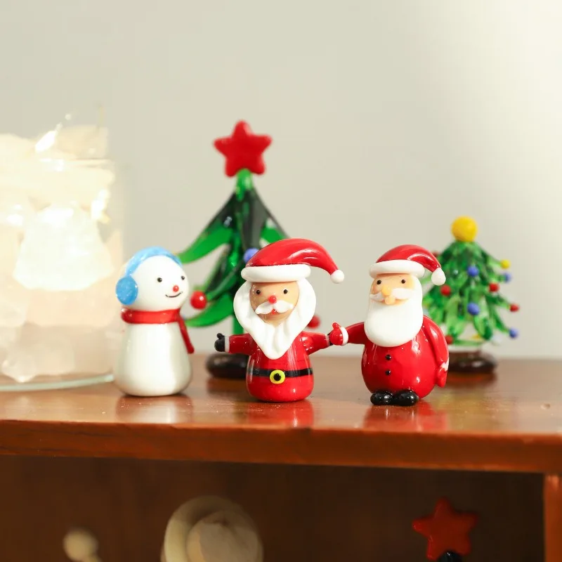 Handmade Glass Christmas Tree Craft Figurines Mini Colored Glaze Elf Ornament Cute Desk Decor Home Festive Holiday Decoration
