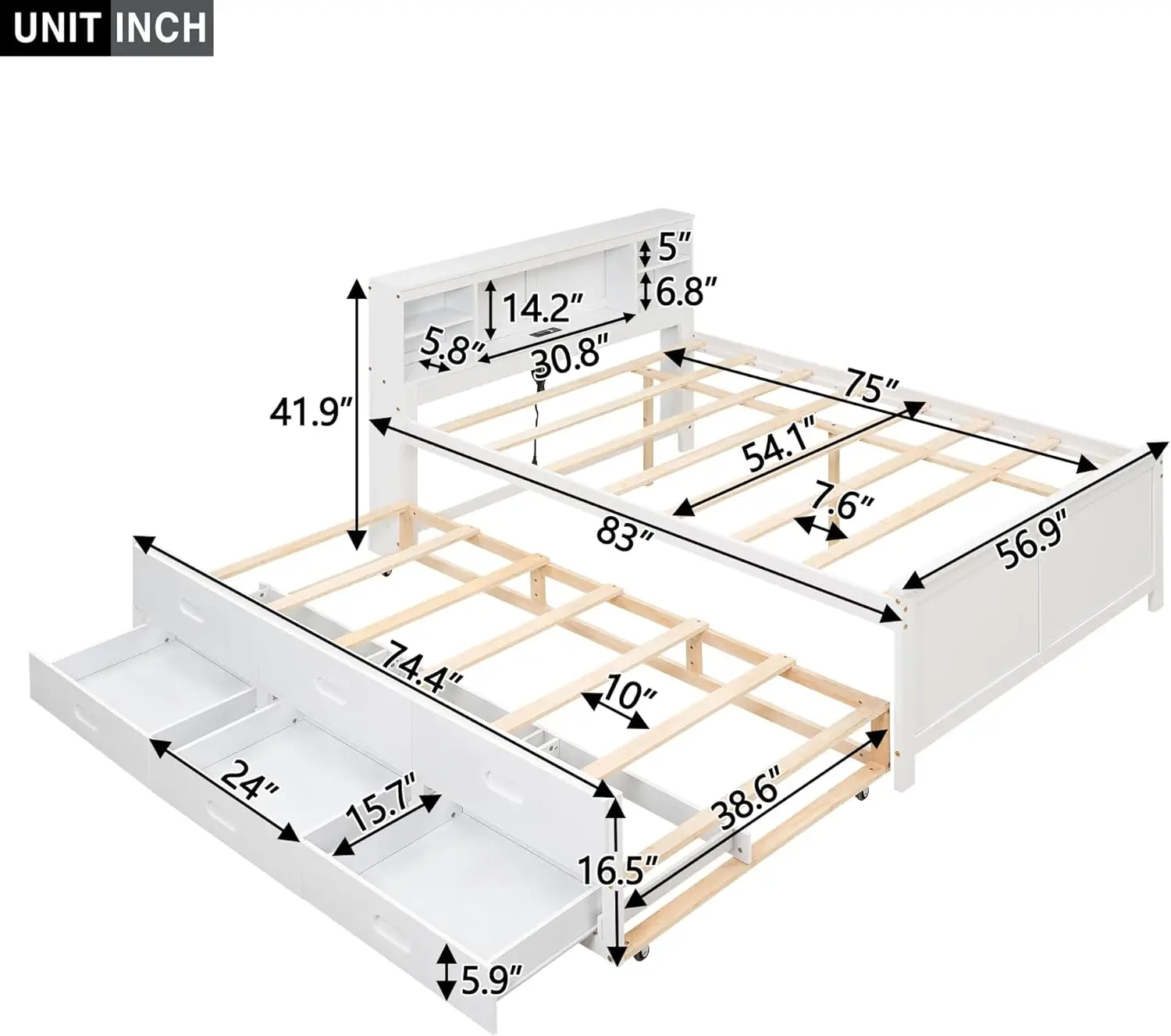 Harper & Bright Designs Full Size Bed With Bookcase Headboard, Wooden Full Platform Bed With Trundle And Drawers,Full Storage