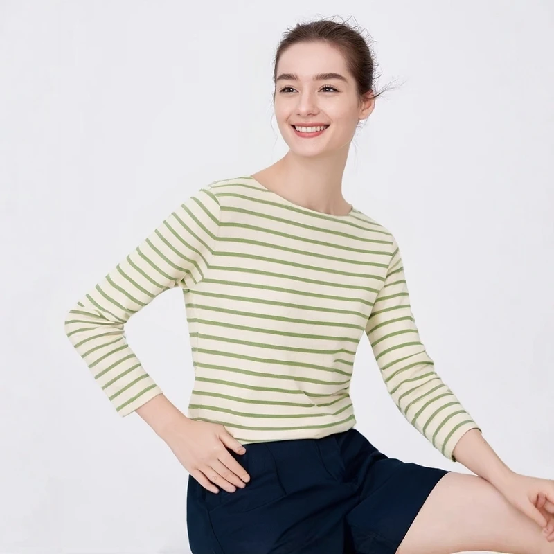 Thickened Pure Cotton Colorful Stripesd Long-Sleeved T-Shirt for Women Sea Soul Shirt Pure Cotton Colorful Stripesd Long-Sleeved T-Shirt