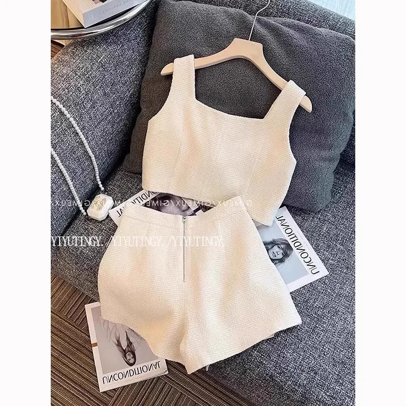 BESTBAFU الفاخرة تويد مجموعة مكتب ارتداء النساء أنيقة زر تانك القمم + الدانتيل متابعة السراويل المشاهير حزب الزي 2 قطعة دعوى 086P #3