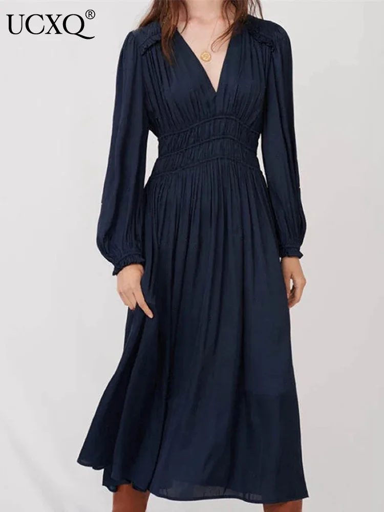 UCXQ Vintage Long Dress Fairy Style V-neck Pleated Waist Bubble Sleeves Office Lady Elegant Dresses Women 2024 Spring Summer 979