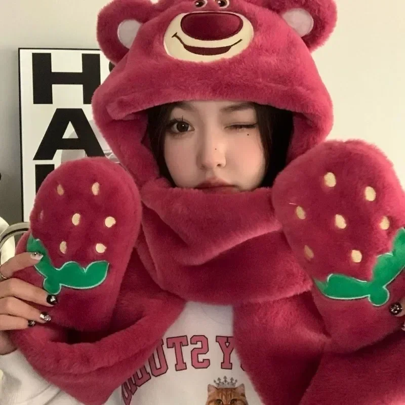 Animation peripheral Lotso winter cute furry scarf hat three-in-one warm winter gloves three-piece set kawaii surprise gift