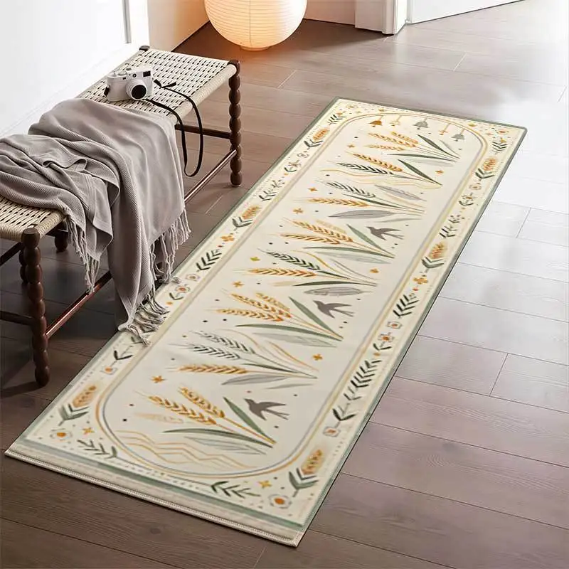 Retro Wheat and Bird Pattern Floor Runner Mat Soft Tone Botanical Frame Art Decor Rug for Indoor Corridor and Household Space