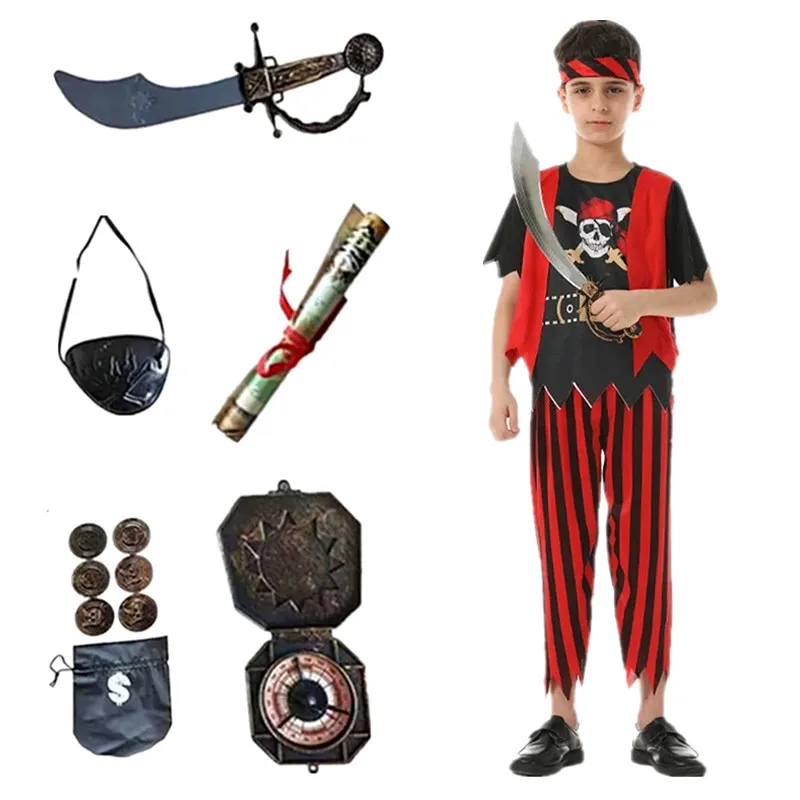 New Year Deluxe Pirate Costume Boy Pirate Playset Christmas Cosplay Includes Pirate Accessories Knife Gold Coin Hook Gift