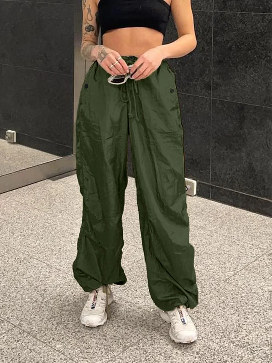 Schicke, lockere Cargohose für Damen, Y2K-Stil, Armeegrün, mit Schnürung und Kordelzug, hoher Bund, weites Bein, Streetwear, Oversized, Vintage, lässig. – Detail 3