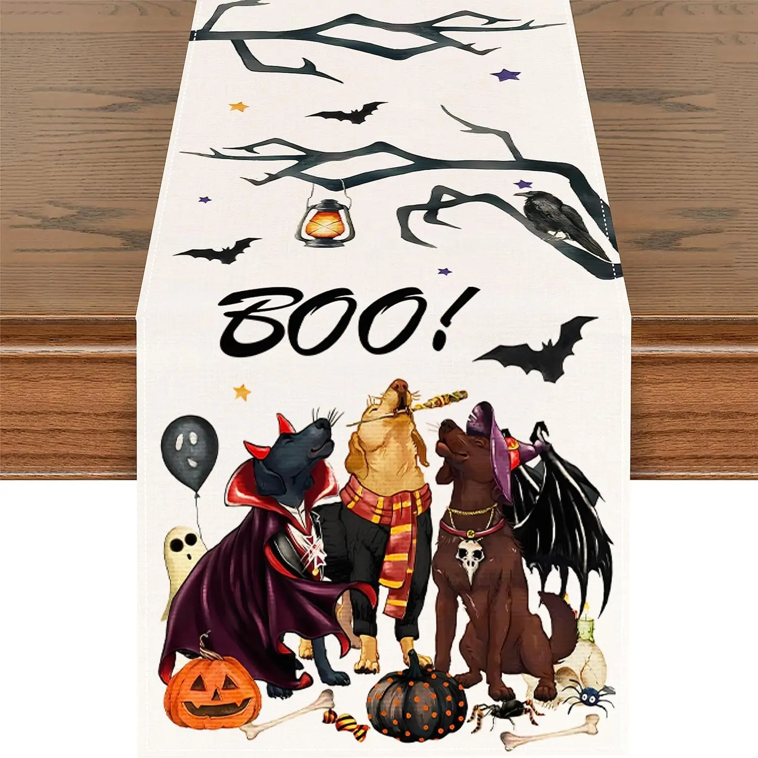 Boo Halloween Linen Table Runners Dogs Spooky Holiday Kitchen Dining Table Decor Washable Outdoor Farmhouse Home Party Decor