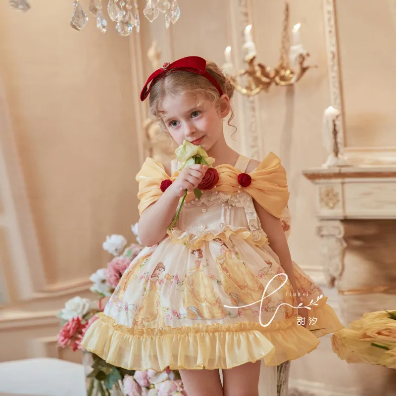 [Belle] Girls' Lolita Princess Dress Summer Children's Girl Treasure Shoulder Fluffy Birthday Party Dress Kids Boutique Clothes