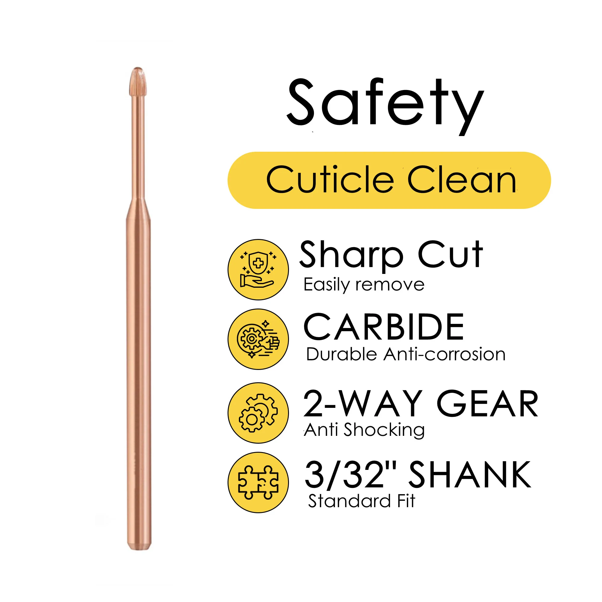 

Safety Cuticle Drill Bit Tungsten Cabide Milling Cutter Rose Gold Coated 3/32"(2.35MM) Nail Cutters for Manicure Pedicure