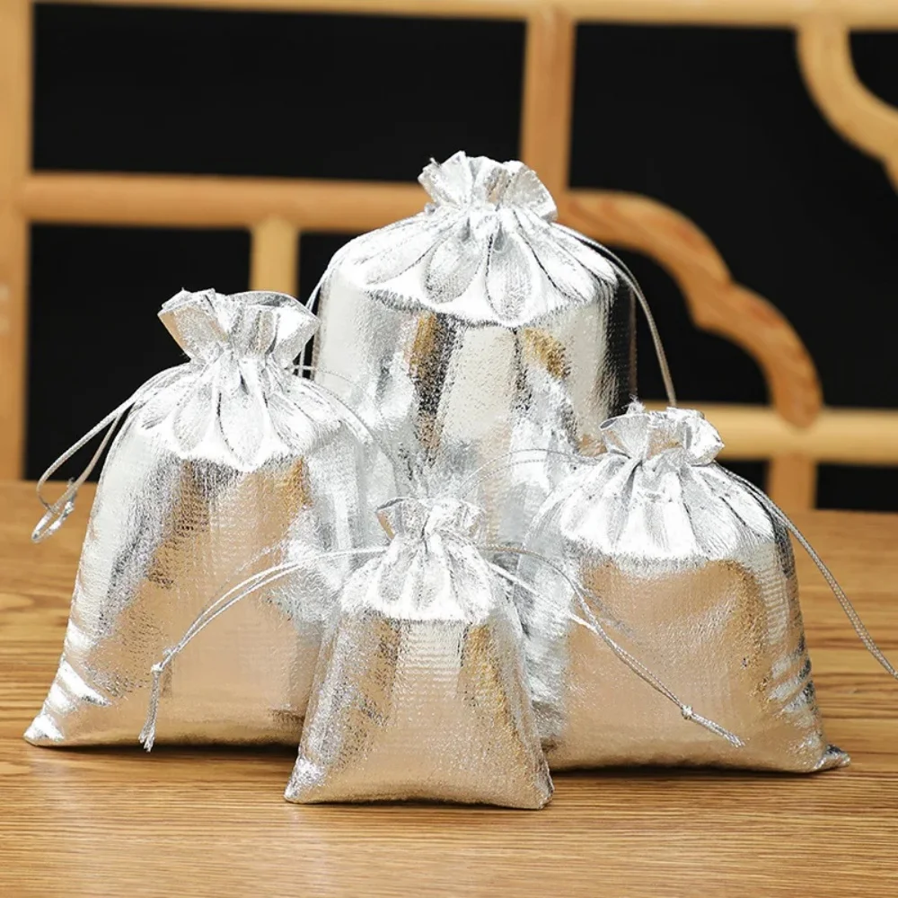 50pcs/lot 7x9 9x12 10x15cm Adjustable Jewelry Packing Fabric Bag Gold Colors Drawstring Wedding Storage Pouches