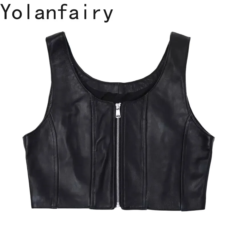 YOLANFAIRY Women Short Genuine Sheepskin Cami Vest 2026 Autumn New Black V Neck Front Zipper Slim Fit Versatile Outer Sling Top