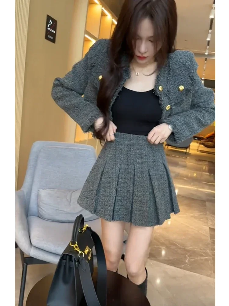 Elegant Tweed Short Coat Women\'s Fashion Set: 204 Spring Autumn New Refined High-waisted Skirt Two-piece Outfit Female Lady Coat