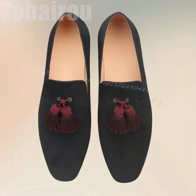 

Sky Blue Tassels Decor Black Low Top Suede Loafers Fashion Slip On Men Shoes Luxurious Handmade Party Banquet Men Casual Shoes