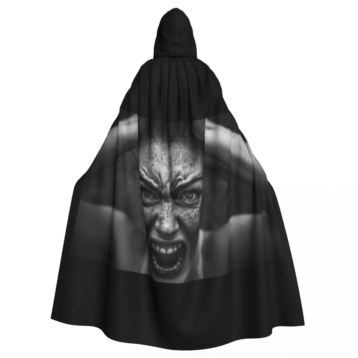 

Emotional Power Cloak with Fierce Woman Design for Halloween Unisex Adult Cloak with Hood Long Witch Costume Cosplay