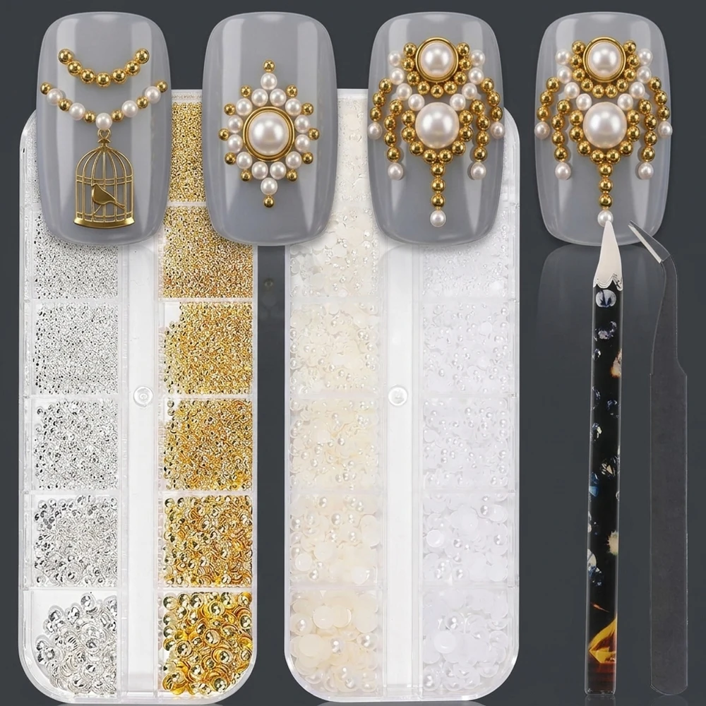 2Boxes Nail Jewelry Decorations With Tools Multi‑size 3D White Pearls&Gold Silver Metal Caviar Beads Nail Rhinestones Nail Decor
