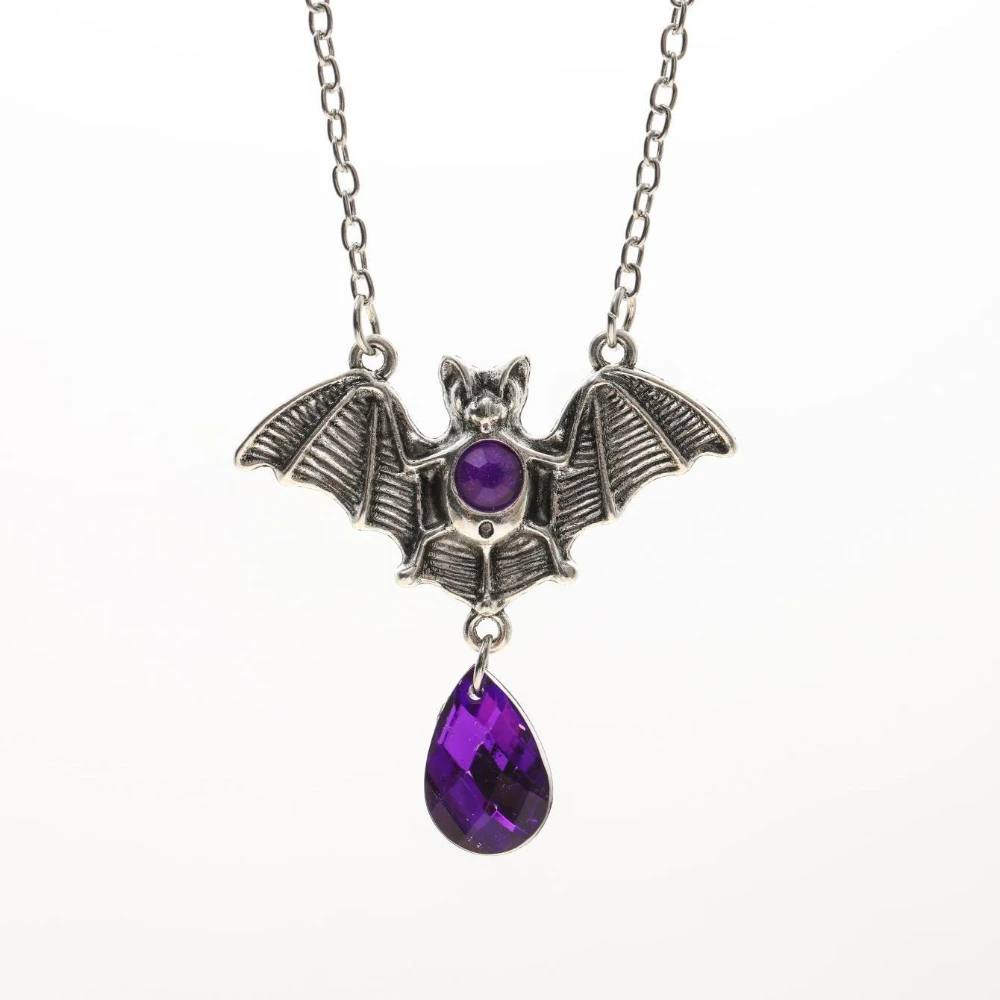 Gothic Sliver Color Vampire Bat Teardrop-shaped Purple Rhinestone Pendant Necklace for Women Steampunk Halloween Gifts Jewelry