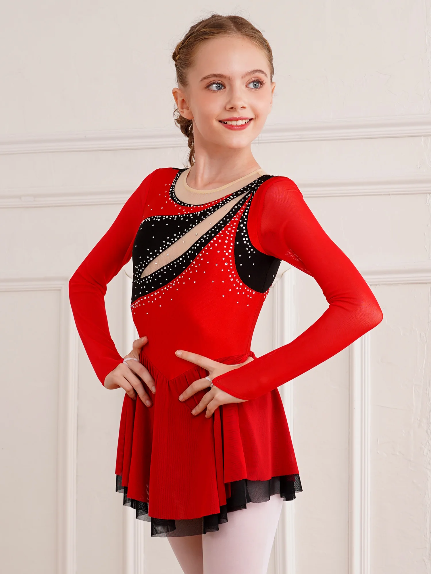 Vestido de leotardo de Ballet y danza con bloques de Color para niñas, Ropa de baile con diamantes de imitación brillantes, vestidos de patinaje artístico de manga larga de malla transparente