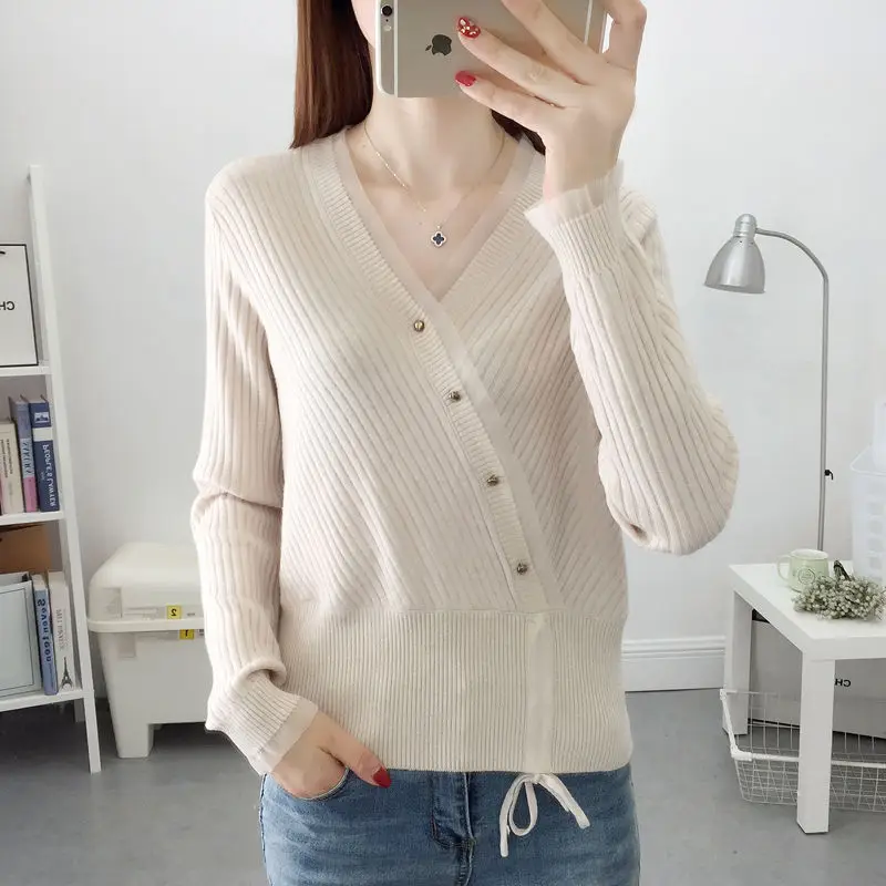 Autumn New Women V-Neck Sweater Korean Fashion Solid Lace Button Drawstring Temperament Loose Long Sleeve Pullovers Knitted Tops