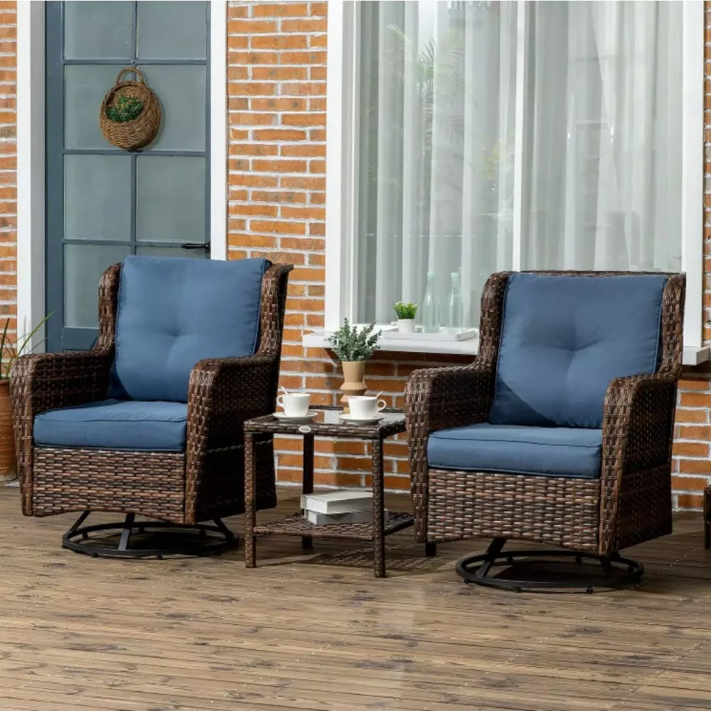 XMSJ 3-Piece Patio Bistro Set, PE Rattan Wicker Outdoor Furniture with 360° Swivel Rocking Chairs and Soft Cushion, Dark Blue