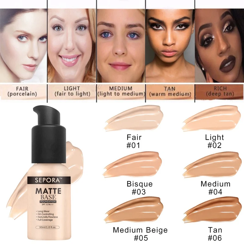 Base líquida mate de 6 colores SPF15 PA ++ cubierta hidratante para imperfecciones incluso tono de piel corrector Control de aceite Maquiagem 30m