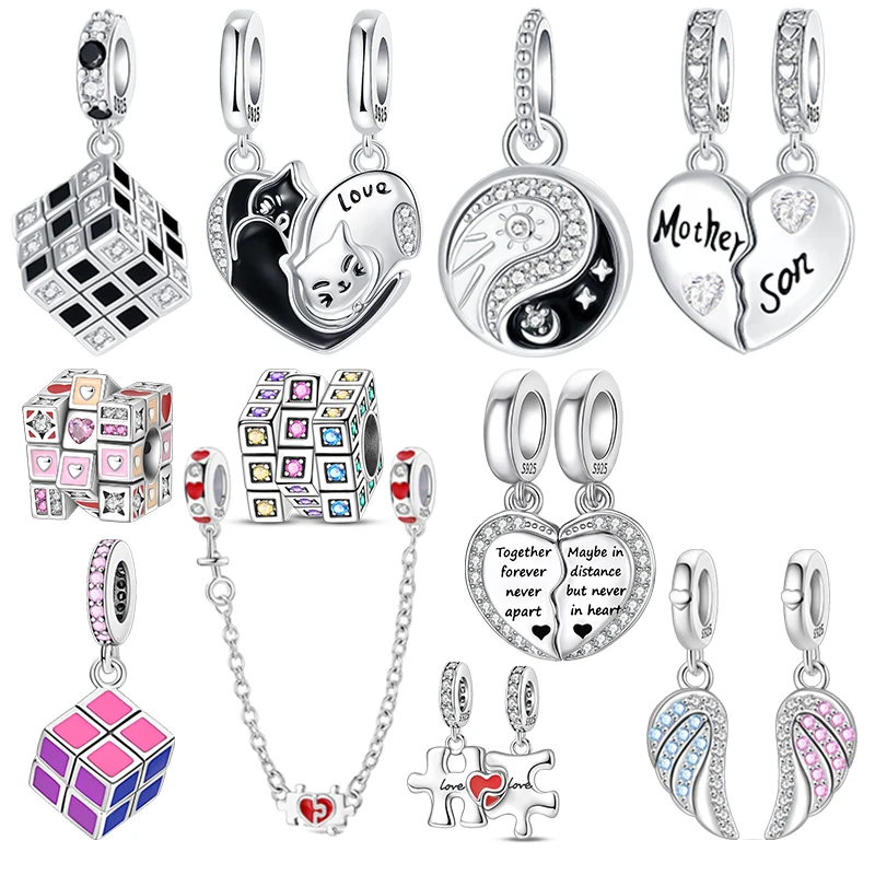 

925 Sterling Silver Rubik's Cube Charms Beads Black & White Cat Charms Zircon Fit DIY Bracelet Necklace Jewelry Gift Marking