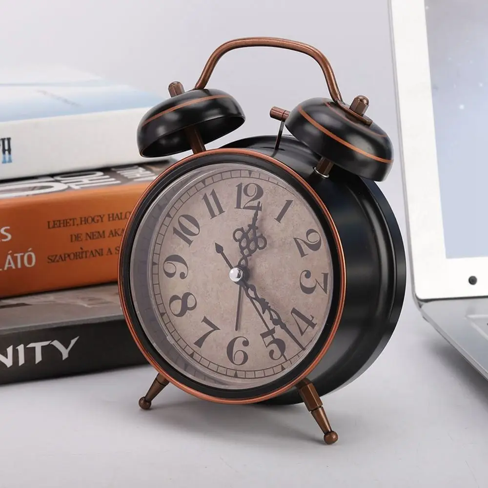Classic 4 Inch Retro Alarm Clock Black&Gold with Night Light Desktop Clock Easy Operate Stable Feet Ringing Alarm Clock For Home