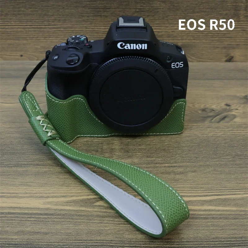 

For Canon EOS R50 R100 half cover protective sleeve base battery opening cover with wrist hand strap PU leather bottom bag case