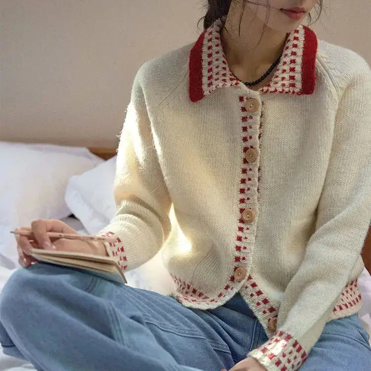 Knitted Cardigan Lapel Contrasting Color Single-Breasted Design French Retro Women'S Autumn And Winter Loose Sweater Jacket