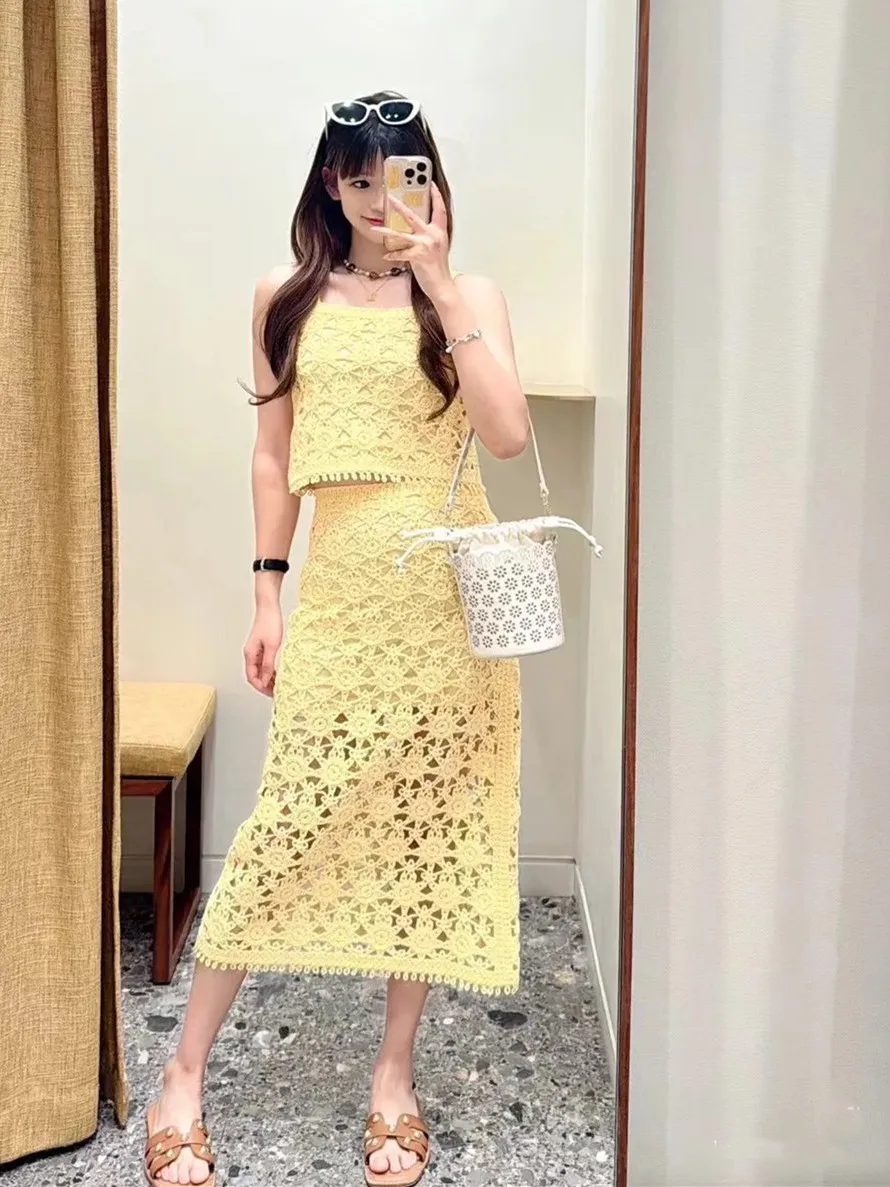 

High-End Version Yellow Lace Hollow out Hook Long Midi Skirt Two-Piece Set Spring Summer Faion Women's Clothing Ensemble