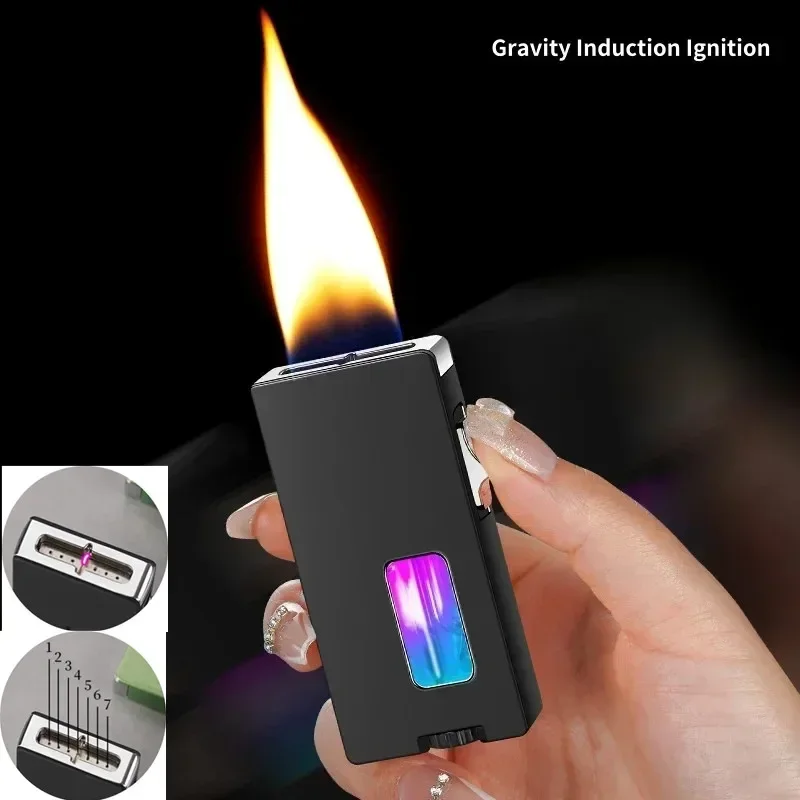 

Hot Wide Free Fire Seven Hole Outlet Gravity Sensing Shake Ignition Lighter LED Visible Gas Window Butane Gas Electric Lighter