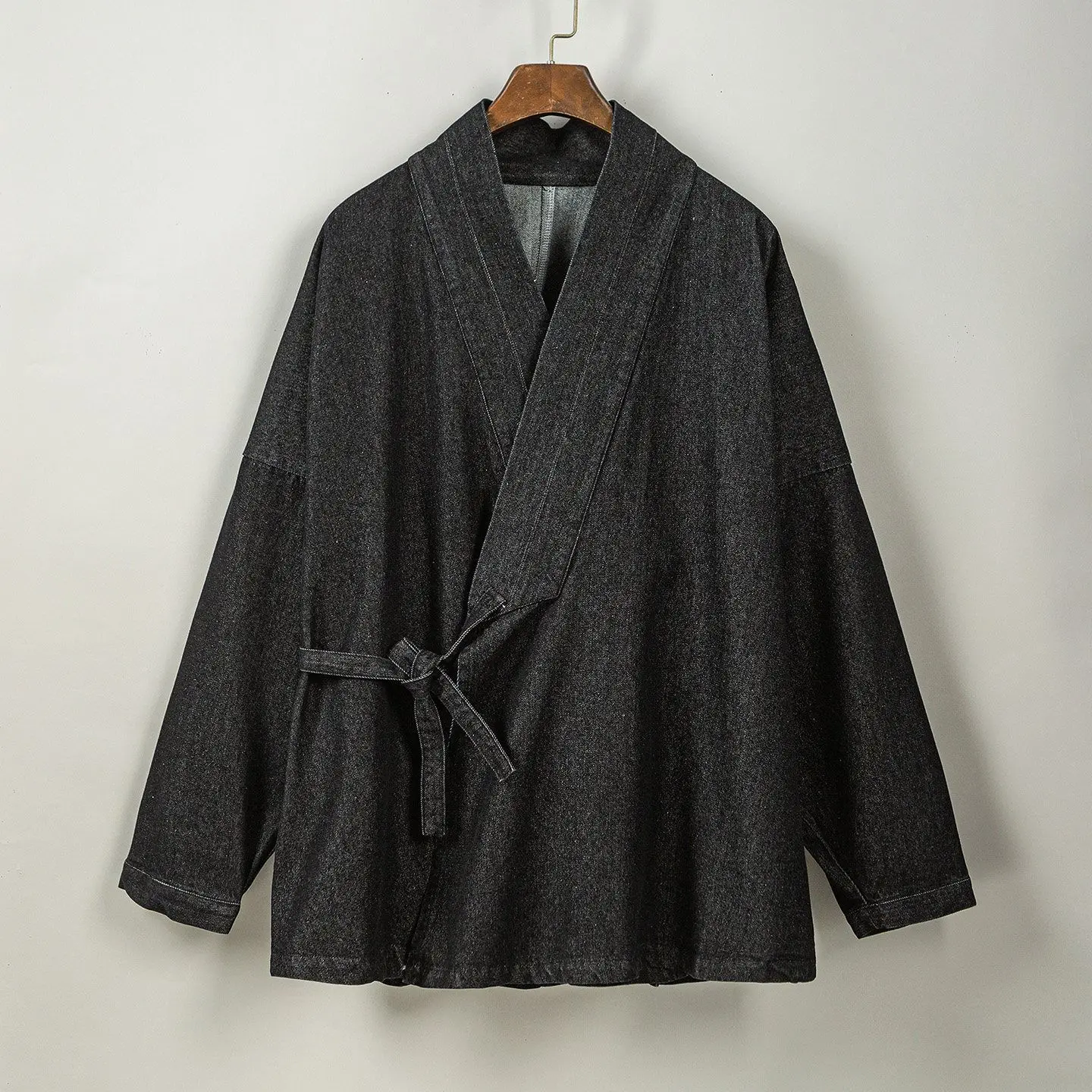 Men's Washed Denim Cardigan Top Spring Fall Winter Cross Collar Slant Placket Tie Belt Kimono Hanfu Loose Casual Shirt Jacket