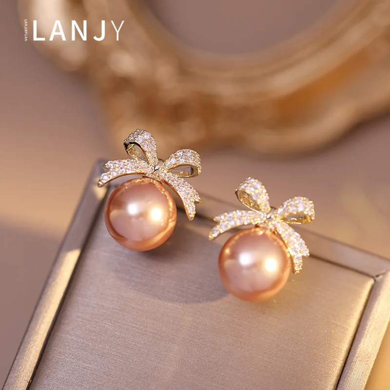 French Elegant Micro Set Zircon Bowknot Pearl Pendant Earrings 2024 New Design Jewelry for Womens Girls Fashion Ear Accessories
