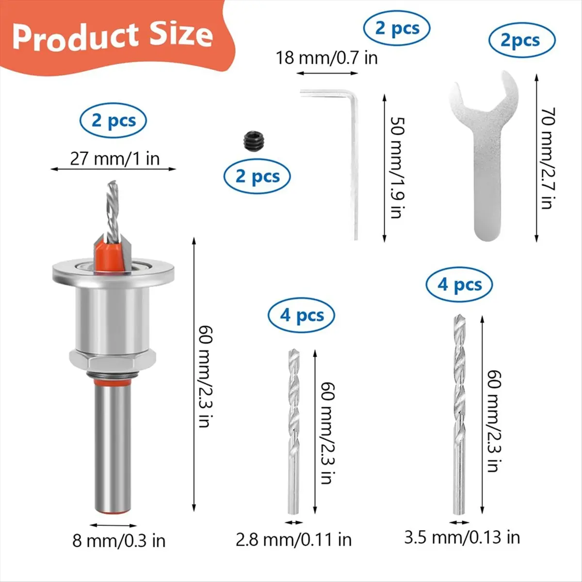 FTGT-Countersink Drill Bit Wood Set, 8 mm Countersink with Centre Drill Hex Keys, for Wood and Plastic Drilling Holes