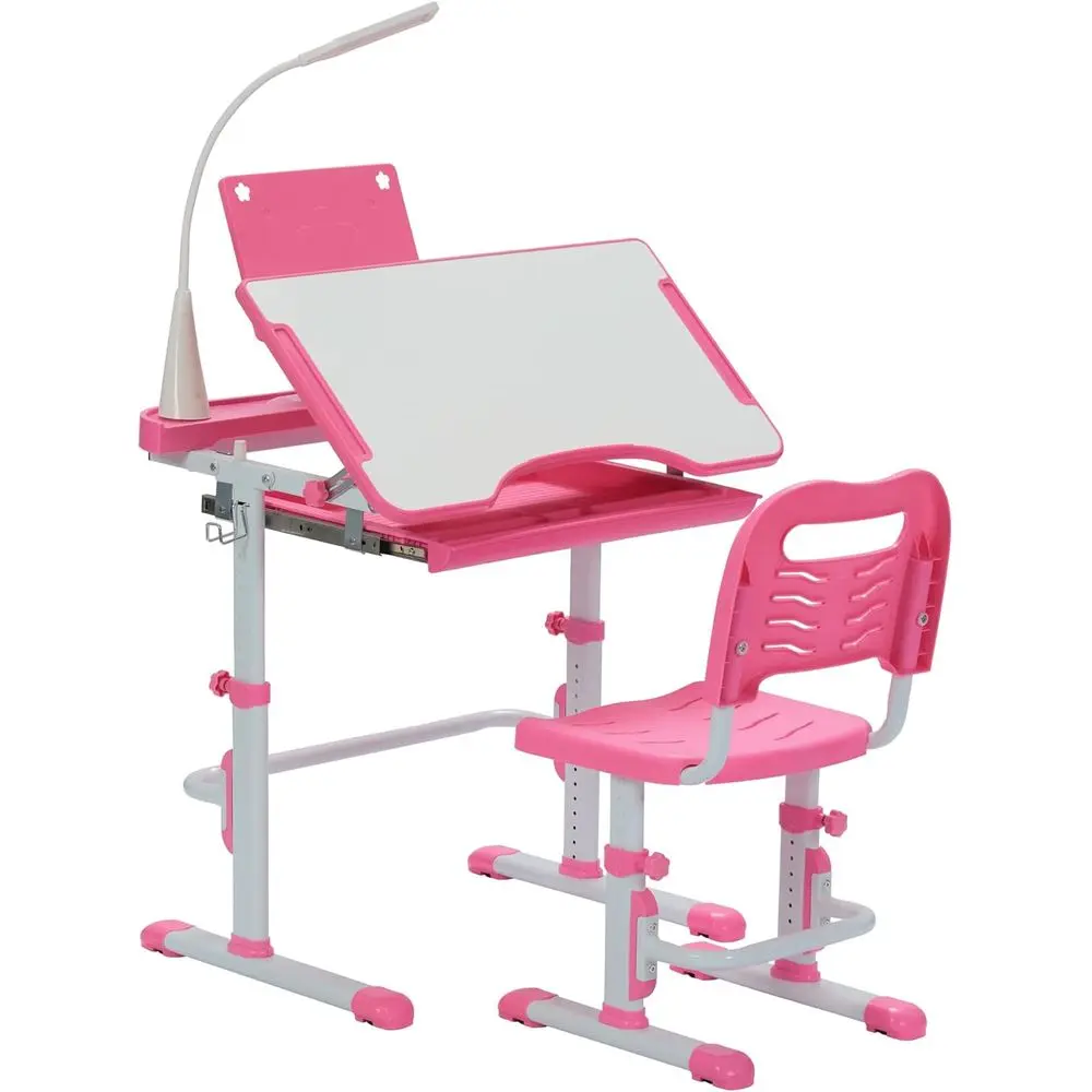 

Kids Desk and Chair Set, Height Adjustable Child's School Study Writing Tables with Desktop, LED Light, Storage Der, Book Stand