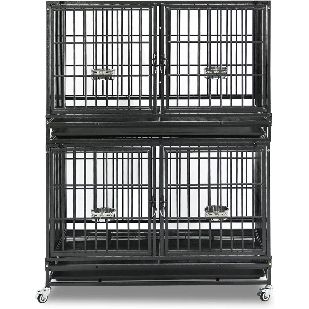 

43 inch Dog Crate Stackable Heavy Duty Dog Kennel Indoor Dog Grooming Cage with Detachable Divider, Removable Tray, Wheels, Fee