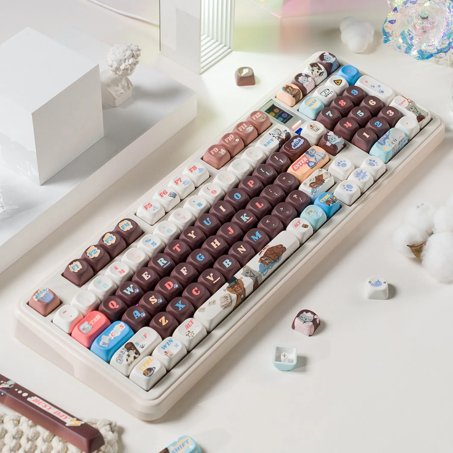 MAIMOOO Meow Is Busy Keycaps MOA Cherry Profile PBT Dye Sublimation Custom Cartoon Cute Cat Brown Keycap for Mechanical Keyboard