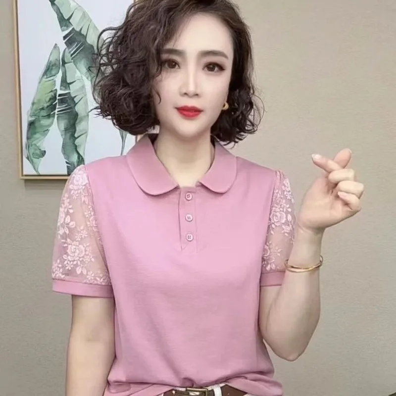 

Summer Short Sleeve T Shirt Women Fashion Slimming Lace Top