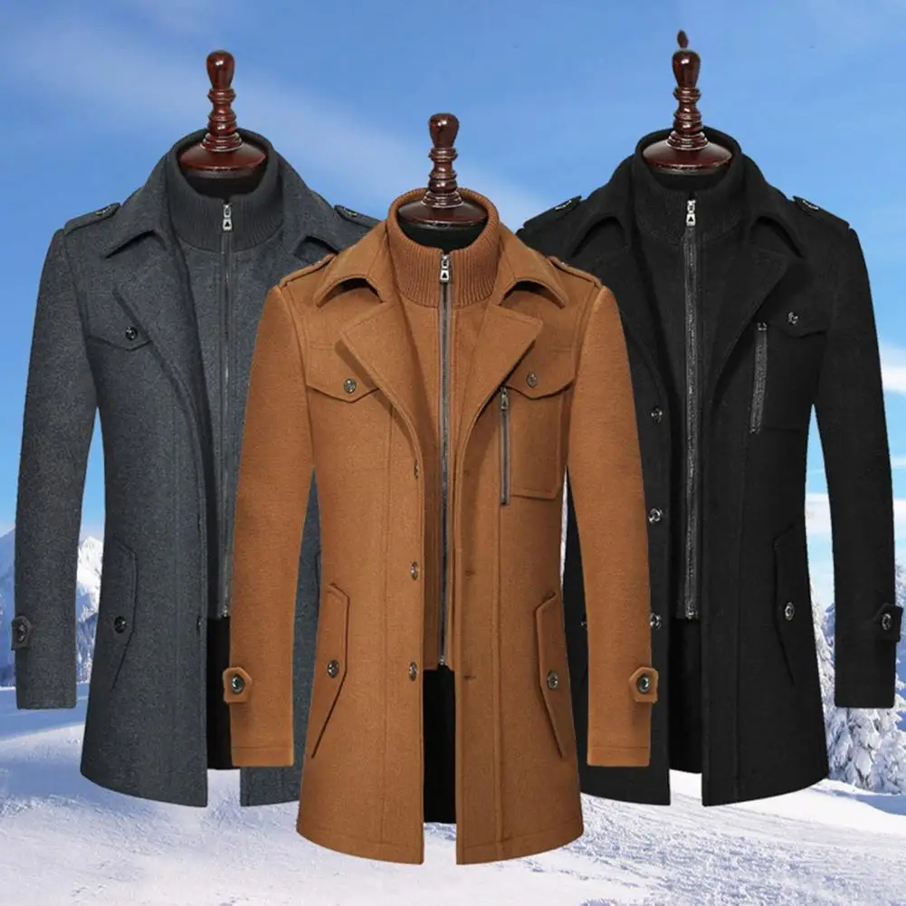 

Men Woolen Coat Mid-length Business Coat Stand Collar Lapel Long Sleeve Mid-length Winter Coat 2025 Male Winter Windbreaker