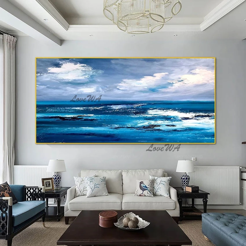 

Modern Living Room Decoration Painting Blue Ocean Landscape Art Canvas Picture Abstract Style Acrylic Frameless Wall Artwork