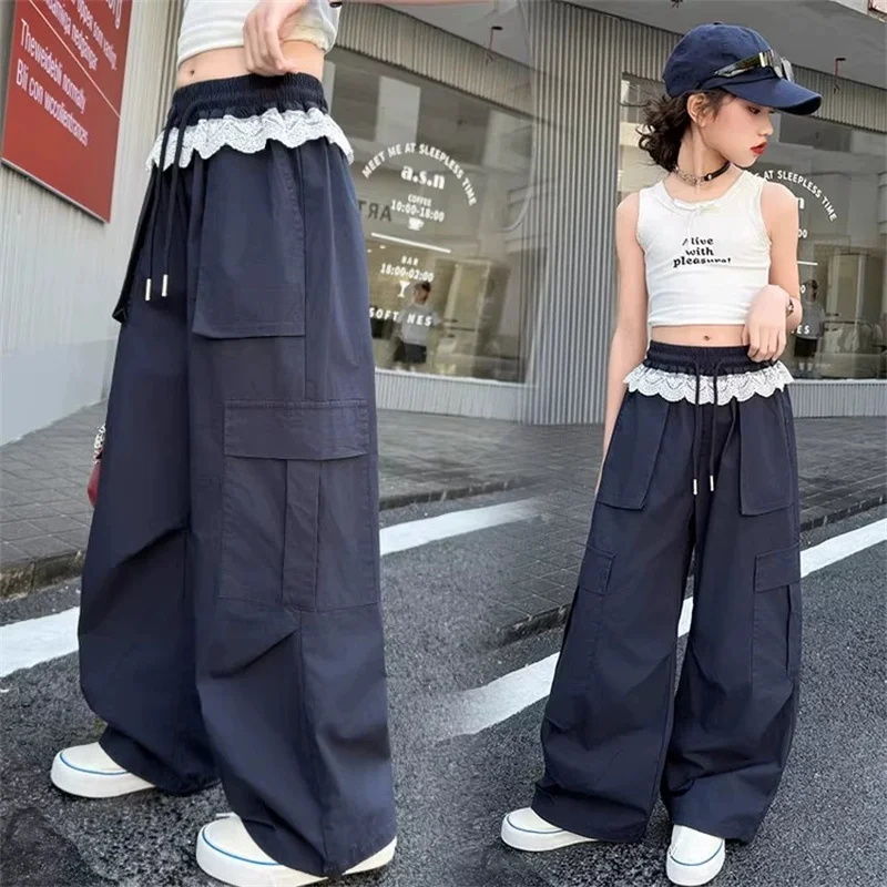 Summer Girls' Pants Children's Lace Workwear Trousers New Loose Casual Trousers Kids Fashionable Thin Sweatpants 5-14 Years Old