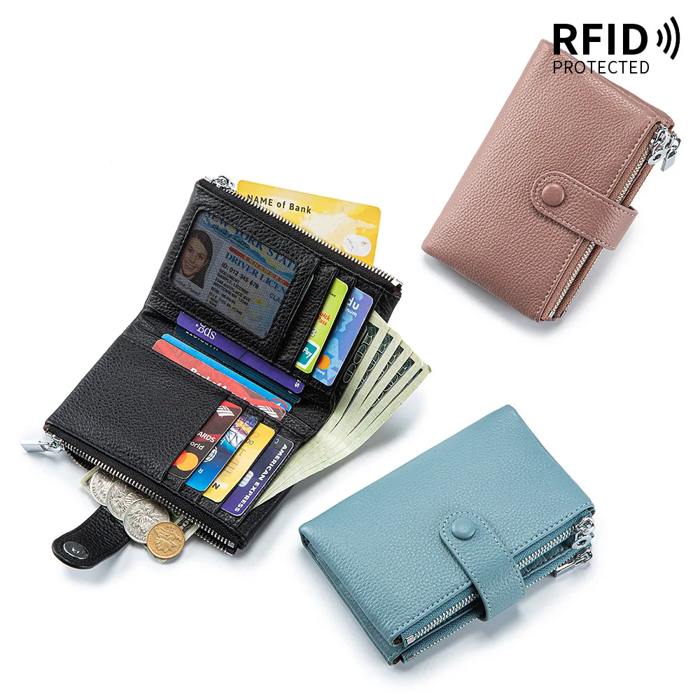 Anti‑theft RFID Protected Genuine Leather Wallet -Double Zipper Pocket Snap Fastener Multi‑Card Slots Purse with ID Photo Window