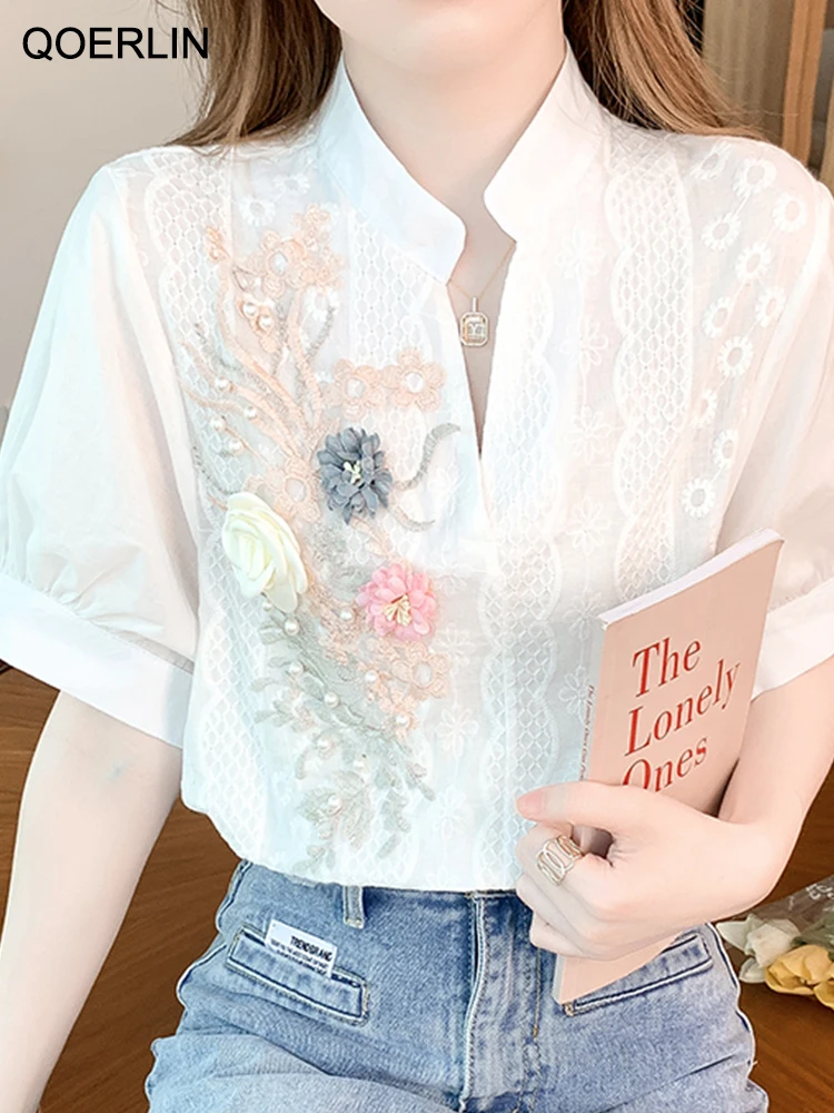 QOERLIN 3D Floral Shirts Women Vintage Embroidered Half Sleeve Loose Casual Lace White Shirts Female Hollow Out Tops Blouses