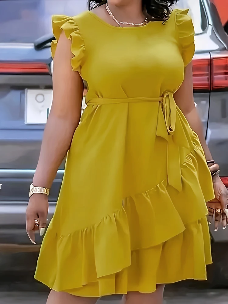 Yellow Summer Dress Butterfly Sleeves Sexy Woman Short Dress with Lace Up Casual Curvy Plus Size Dress Wholesale Dropshiping