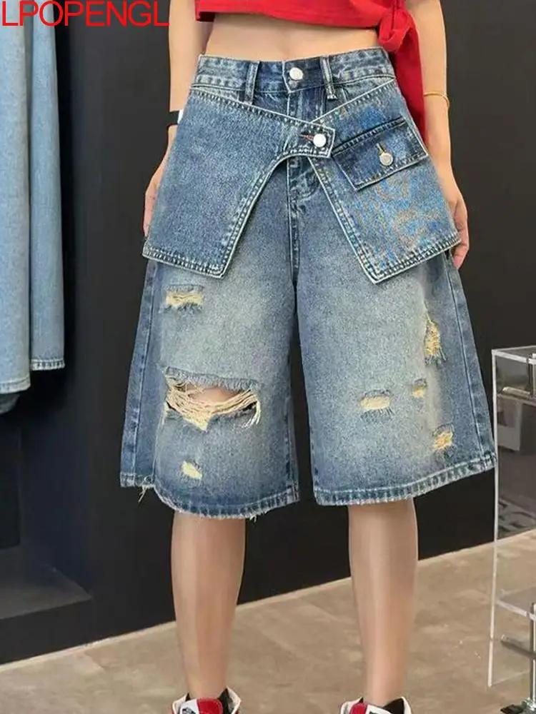 

Модные женские джинсы с пятью нерегулярными прорезями, летние повседневные, средней длины, с высокой талией, прямые, в уличном стиле, с широкими штанинами